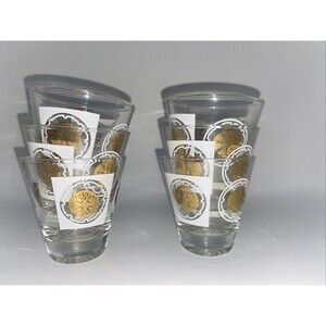 6 Mid Century Double Shot Glasses Gold & White Design Barware